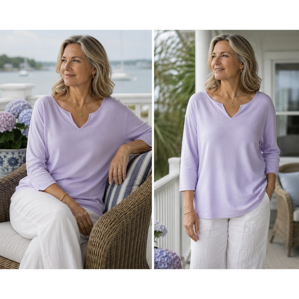 Chico’s Lavender Soft Stretch Top Women XL Coastal Grandma Minimalist 3/4 Sleeve